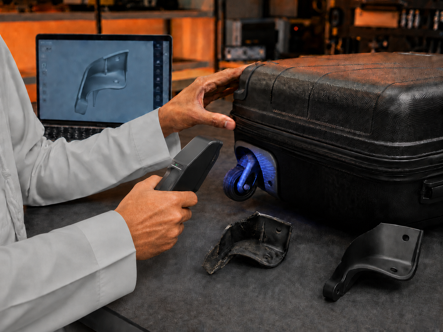 Scanning a suitcase wheel housing to reproduce a replacement part