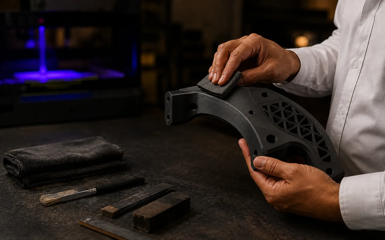 Hand-finishing a detailed 3D-printed model at 3DIS Innovatech Studio